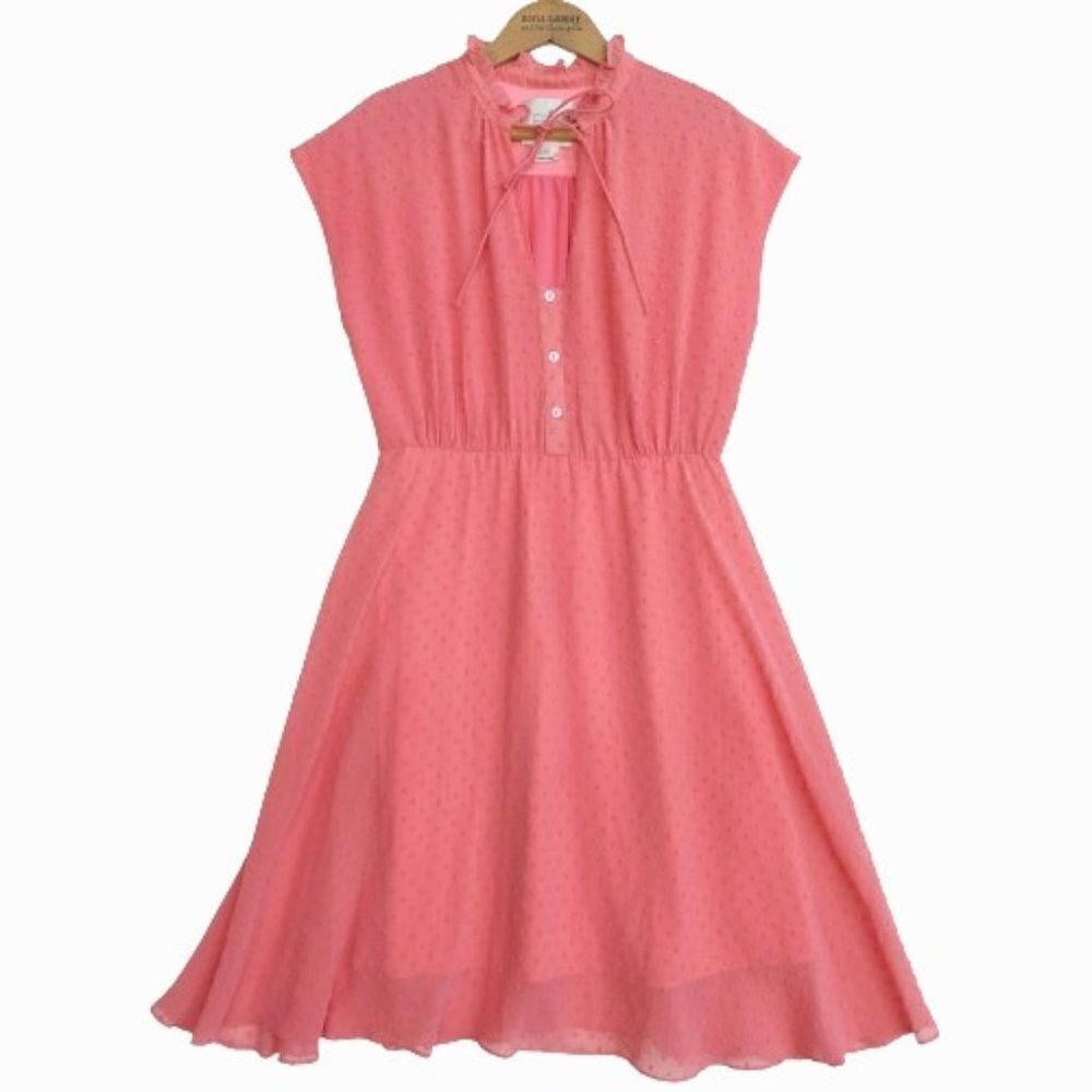 Erin by Erin Fetherston Pink Swiss Dot Dress Size 2 Fit & Flare Tie Neck Ruffle